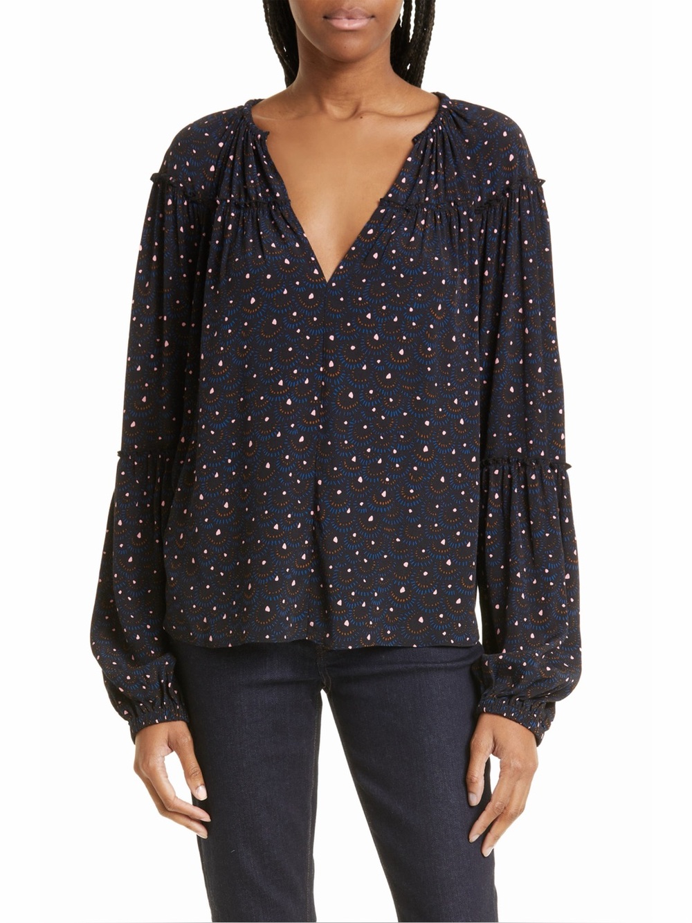 A.L.C. Jenna Top Size 12 NWT Black Blue Printed Bishop Sleeve Blouse $395